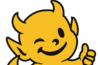 Cheerful yellow devil character giving a thumbs-up, with a playful wink. Features include horns, pointed ears, and a tail, set against a black background.
